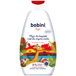 Bobini Fun Płyn do kąpieli i żel do mycia ciała – wysoka piana – o zapachu truskawek 500 ml