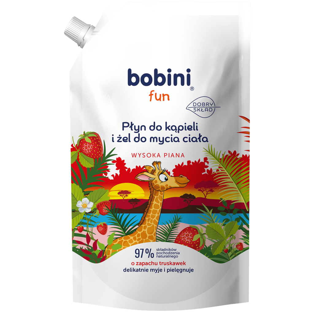 Bobini Fun Płyn do kąpieli i żel do mycia ciała – wysoka piana – o zapachu truskawek 500 ml REFILL