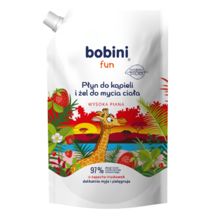 Bobini Fun Płyn do kąpieli i żel do mycia ciała – wysoka piana – o zapachu truskawek 500 ml REFILL